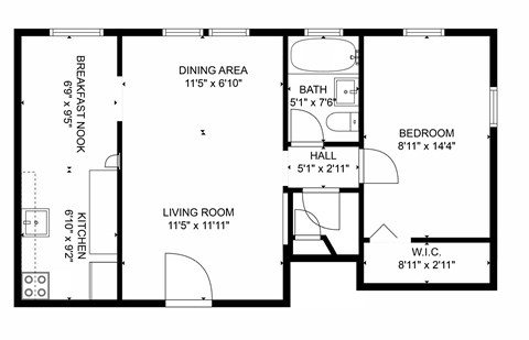 Floor plan for 1 bed, 1 bath, 600 sqft